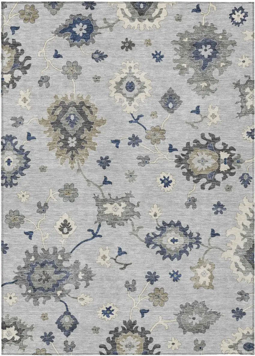 Silver Gray And Taupe Floral Washable Indoor Outdoor Area Rug Photo 1