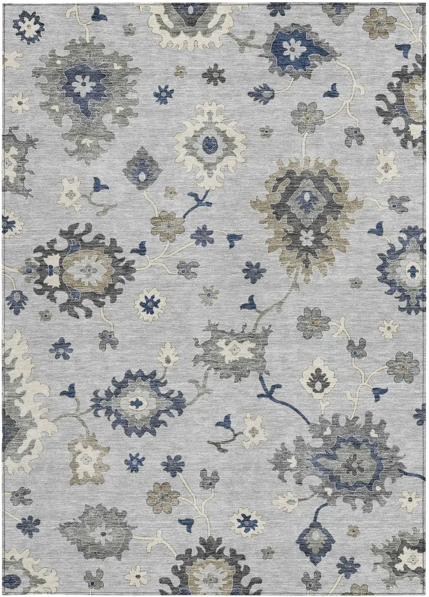 Silver Gray And Taupe Floral Washable Indoor Outdoor Area Rug Photo 6
