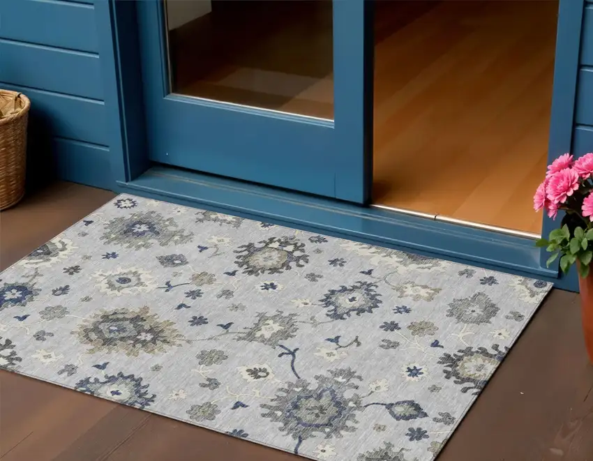 Silver Gray And Taupe Floral Washable Indoor Outdoor Area Rug Photo 1