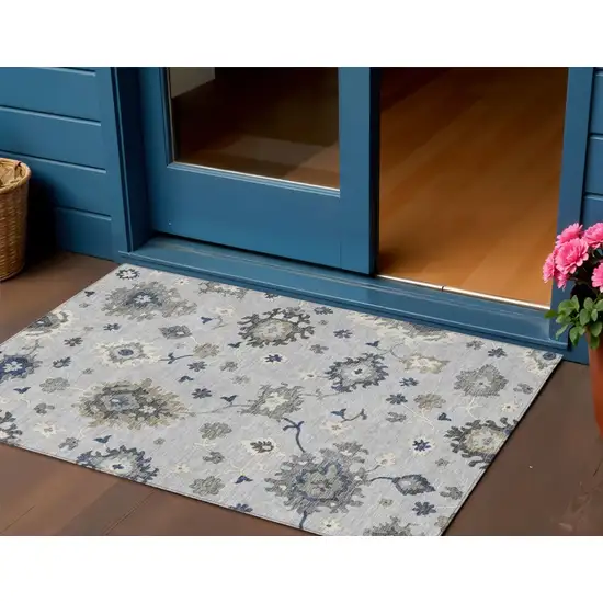 Silver Gray And Taupe Floral Washable Indoor Outdoor Area Rug Photo 1