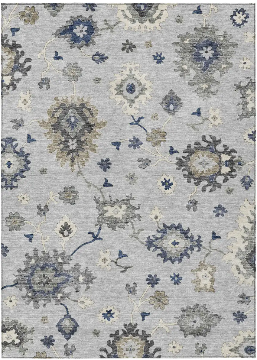 Silver Gray And Taupe Floral Washable Indoor Outdoor Area Rug Photo 1