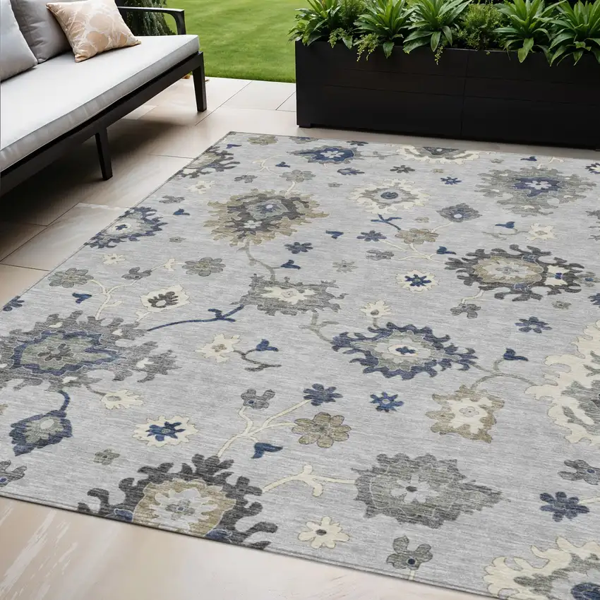 Silver Gray And Taupe Floral Washable Indoor Outdoor Area Rug Photo 1