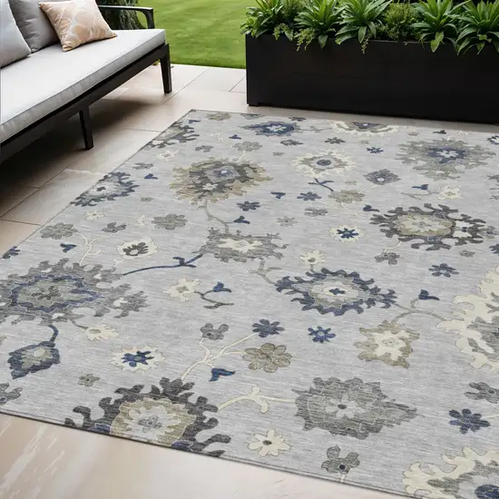 Silver Gray And Taupe Floral Washable Indoor Outdoor Area Rug Photo 1