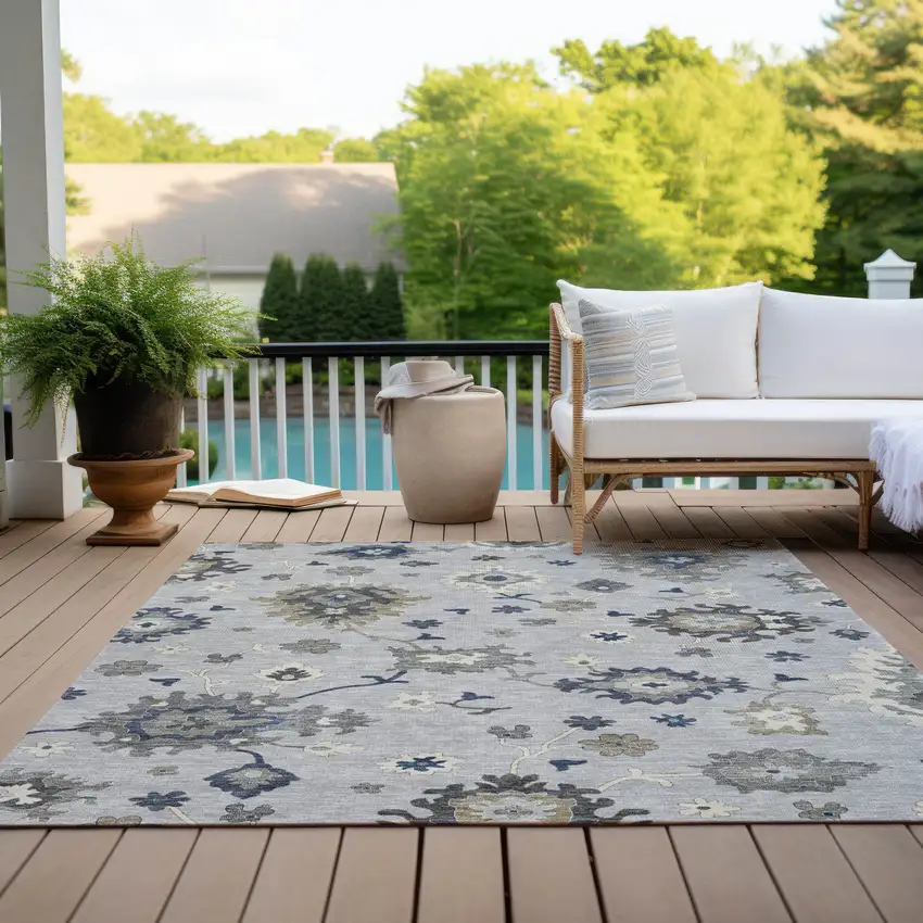 Silver Gray And Taupe Floral Washable Indoor Outdoor Area Rug Photo 9