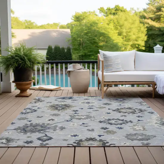 Silver Gray And Taupe Floral Washable Indoor Outdoor Area Rug Photo 9