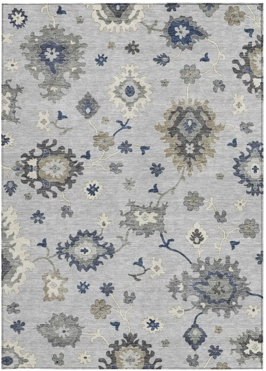 Silver Gray And Taupe Floral Washable Indoor Outdoor Area Rug Photo 5