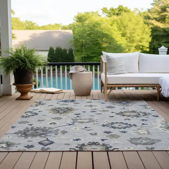 Silver Gray And Taupe Floral Washable Indoor Outdoor Area Rug Photo 9
