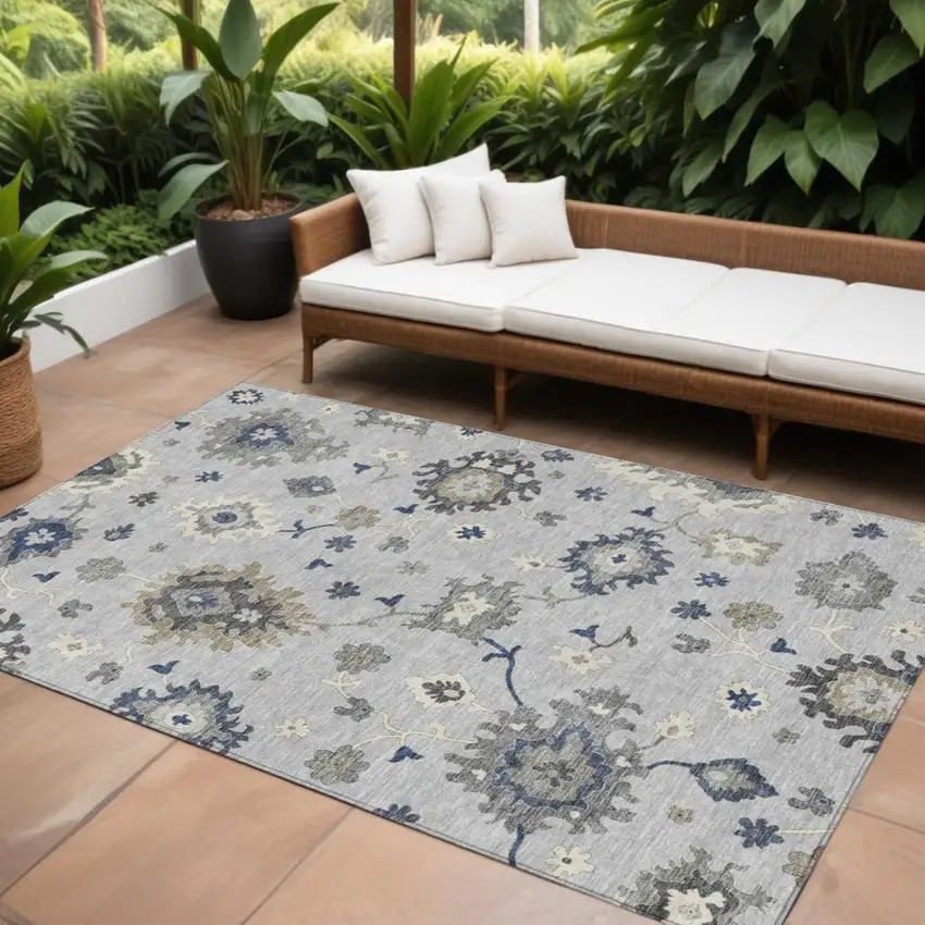 Silver Gray And Taupe Floral Washable Indoor Outdoor Area Rug Photo 1