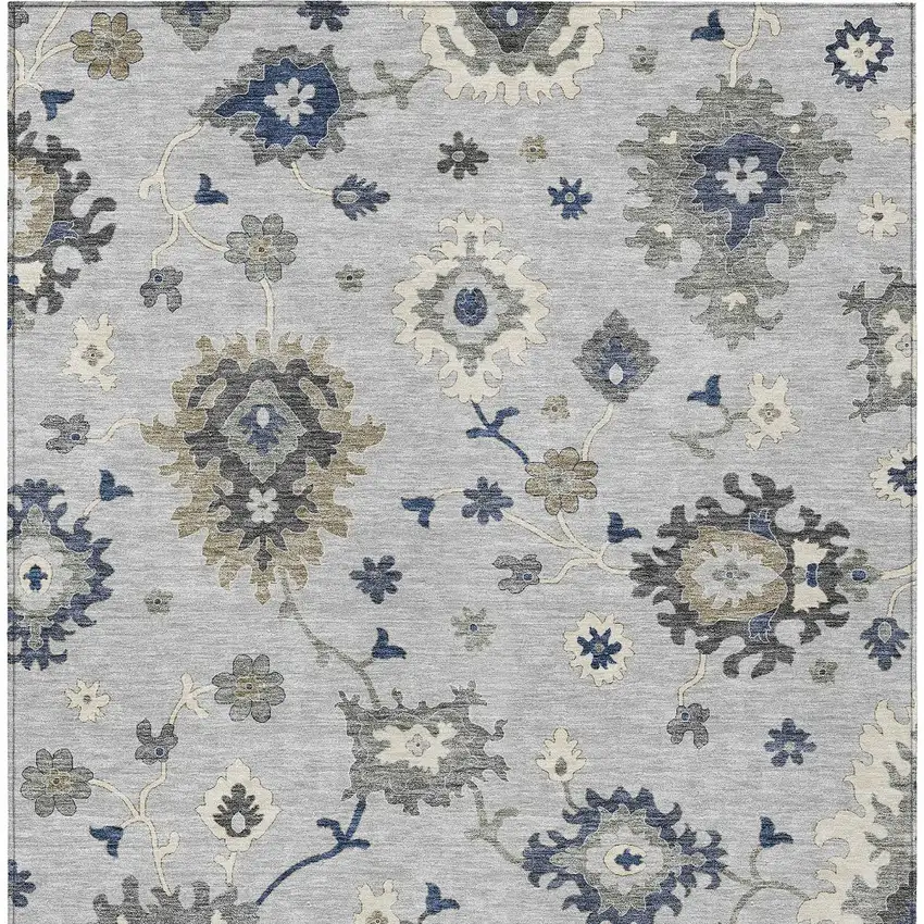 Silver Gray And Taupe Floral Washable Indoor Outdoor Area Rug Photo 5