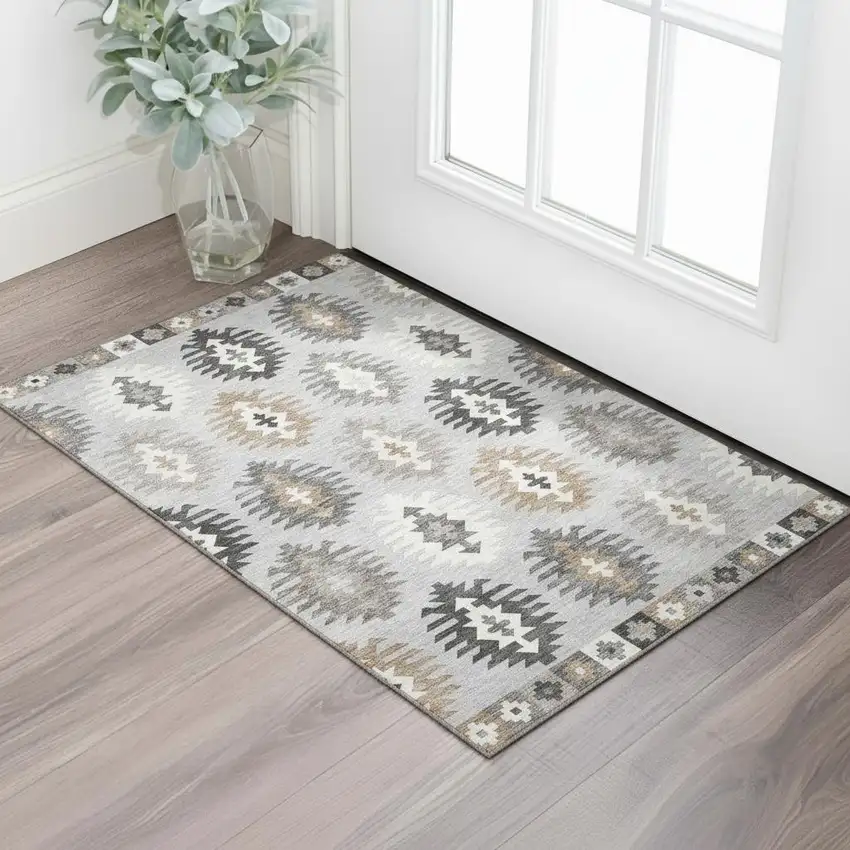 Silver Gray And Taupe Southwestern Washable Area Rug With UV Protection Photo 2
