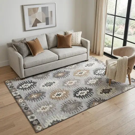 Silver Gray And Taupe Southwestern Washable Area Rug With UV Protection Photo 1