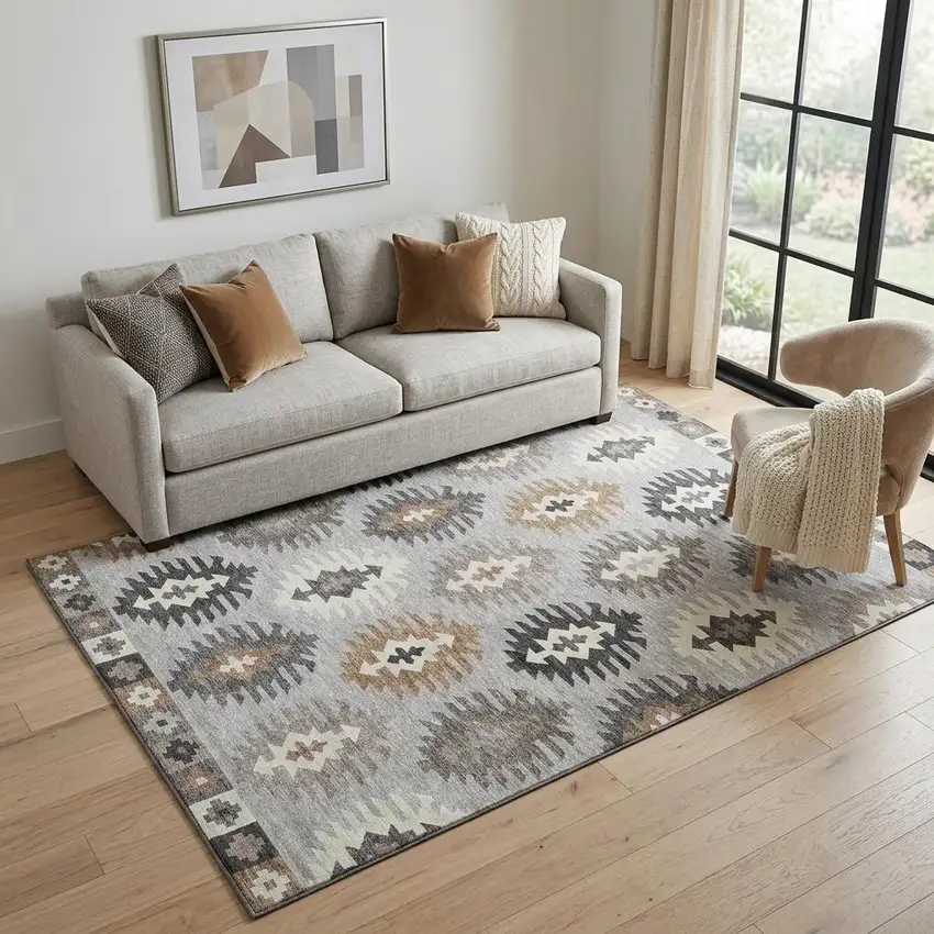 Silver Gray And Taupe Southwestern Washable Area Rug With UV Protection Photo 1