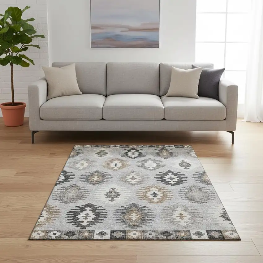 Silver Gray And Taupe Southwestern Washable Area Rug With UV Protection Photo 2