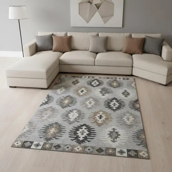 Silver Gray And Taupe Southwestern Washable Area Rug With UV Protection Photo 2