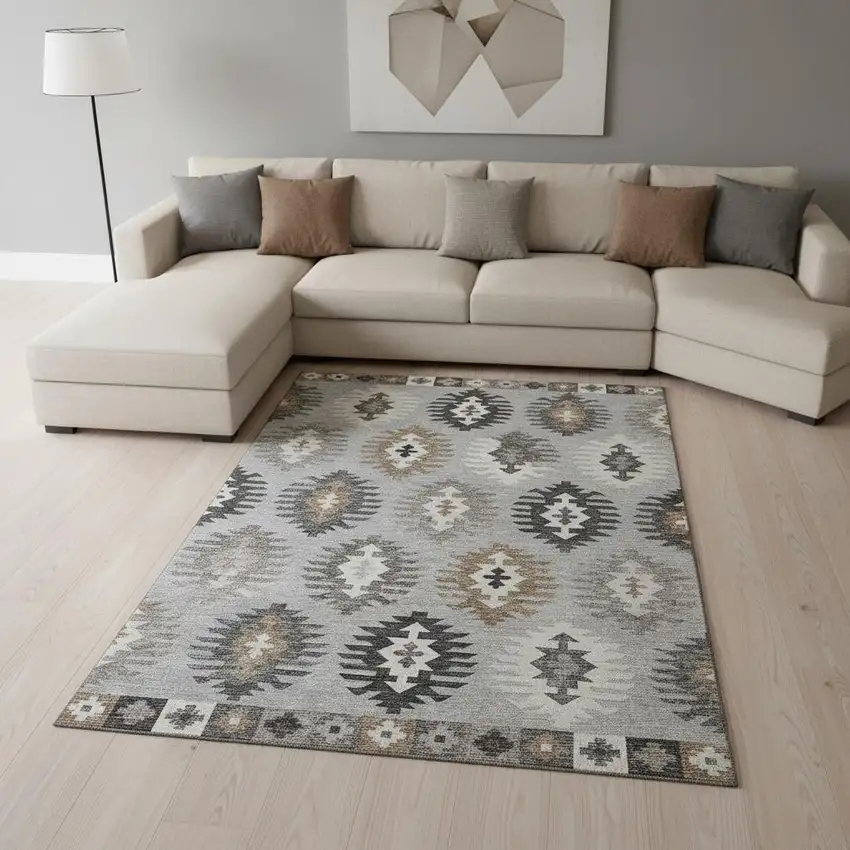 Silver Gray And Taupe Southwestern Washable Area Rug With UV Protection Photo 2