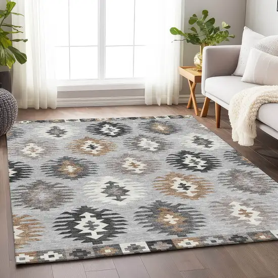 Silver Gray And Taupe Southwestern Washable Area Rug With UV Protection Photo 4