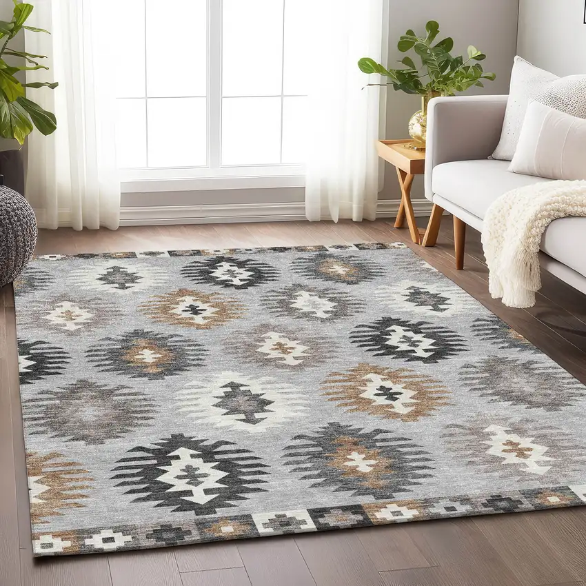 Silver Gray And Taupe Southwestern Washable Area Rug With UV Protection Photo 4