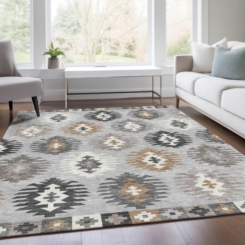 Silver Gray And Taupe Southwestern Washable Area Rug With UV Protection Photo 6