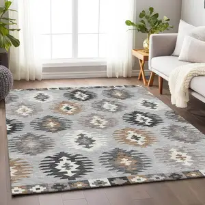 Photo of Silver Gray And Taupe Southwestern Washable Area Rug With UV Protection