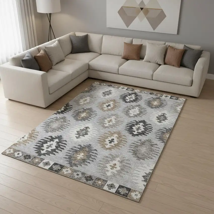 Silver Gray And Taupe Southwestern Washable Area Rug With UV Protection Photo 2