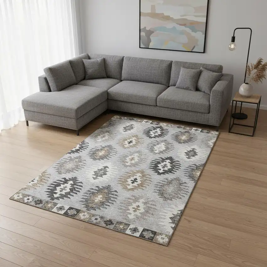 Silver Gray And Taupe Southwestern Washable Area Rug With UV Protection Photo 2