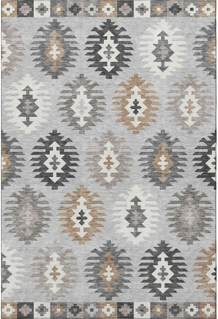 Silver Gray And Taupe Southwestern Washable Area Rug With UV Protection Photo 3