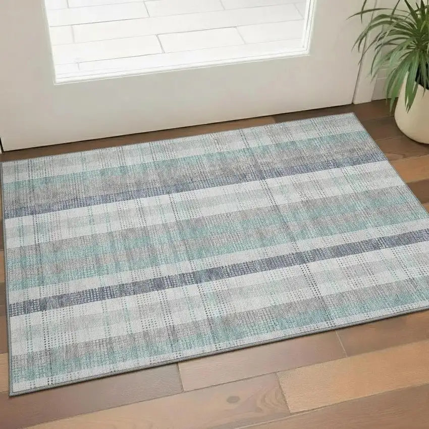 Silver Gray And Teal Plaid Washable Area Rug With UV Protection Photo 2