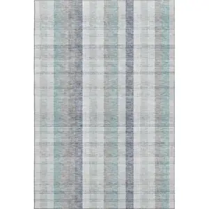 Photo of Silver Gray And Teal Plaid Washable Area Rug With UV Protection