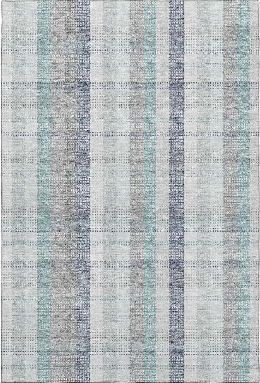 Silver Gray And Teal Plaid Washable Area Rug With UV Protection Photo 1
