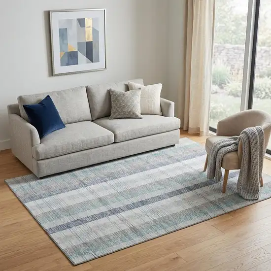 Silver Gray And Teal Plaid Washable Area Rug With UV Protection Photo 1