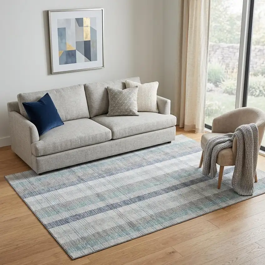Silver Gray And Teal Plaid Washable Area Rug With UV Protection Photo 1