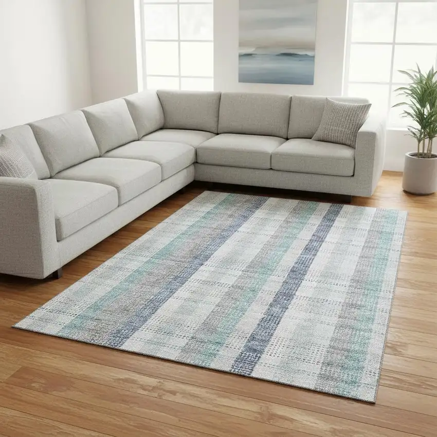 Silver Gray And Teal Plaid Washable Area Rug With UV Protection Photo 2