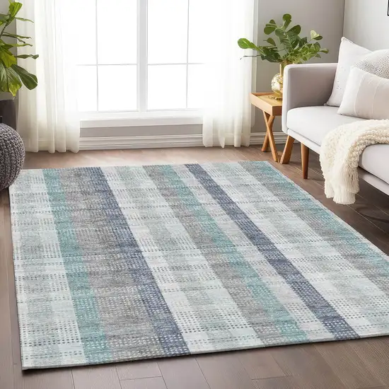 Silver Gray And Teal Plaid Washable Area Rug With UV Protection Photo 3