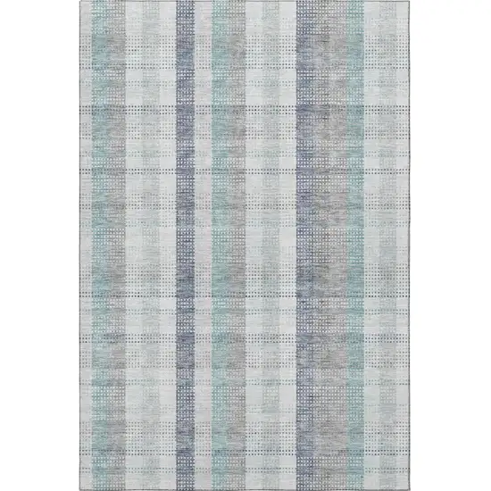 Silver Gray And Teal Plaid Washable Area Rug With UV Protection Photo 2