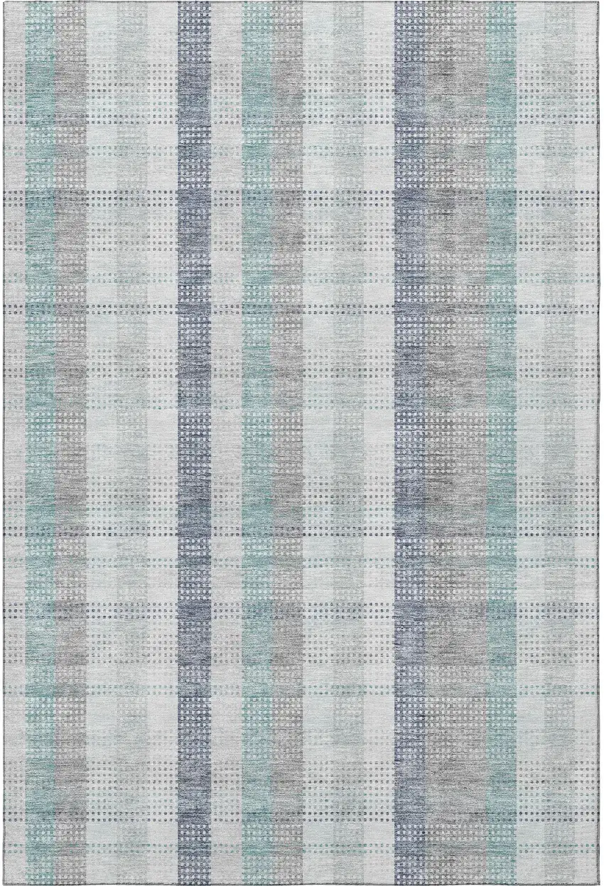 Silver Gray And Teal Plaid Washable Area Rug With UV Protection Photo 2