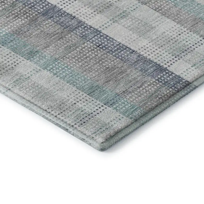 Silver Gray And Teal Plaid Washable Area Rug With UV Protection Photo 6