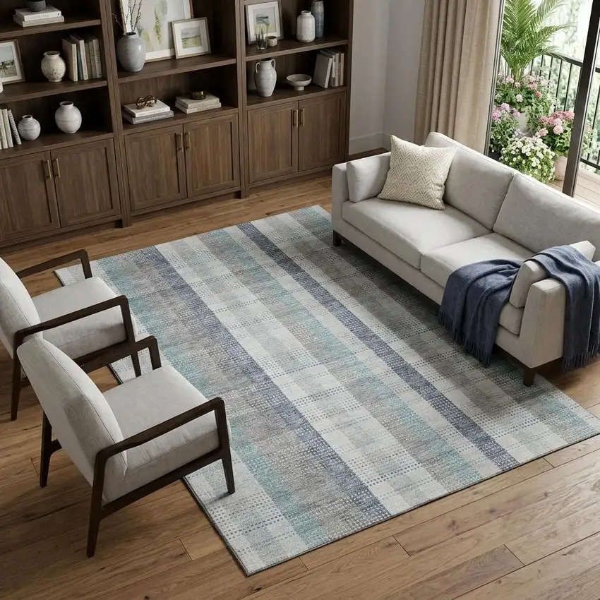 Silver Gray And Teal Plaid Washable Area Rug With UV Protection Photo 1