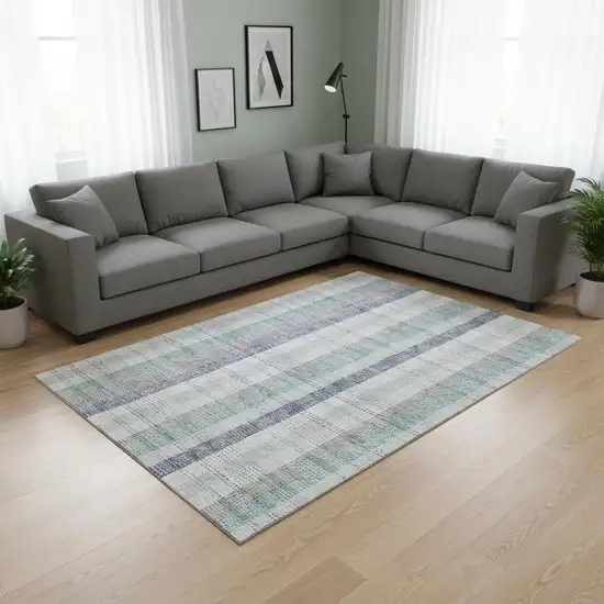 Silver Gray And Teal Plaid Washable Area Rug With UV Protection Photo 2