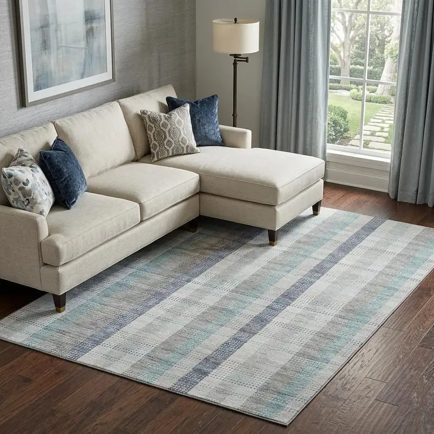 Silver Gray And Teal Plaid Washable Area Rug With UV Protection Photo 1
