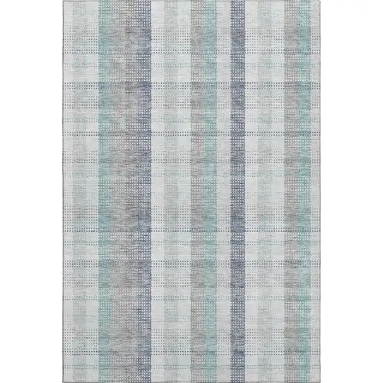 Silver Gray And Teal Plaid Washable Area Rug With UV Protection Photo 1