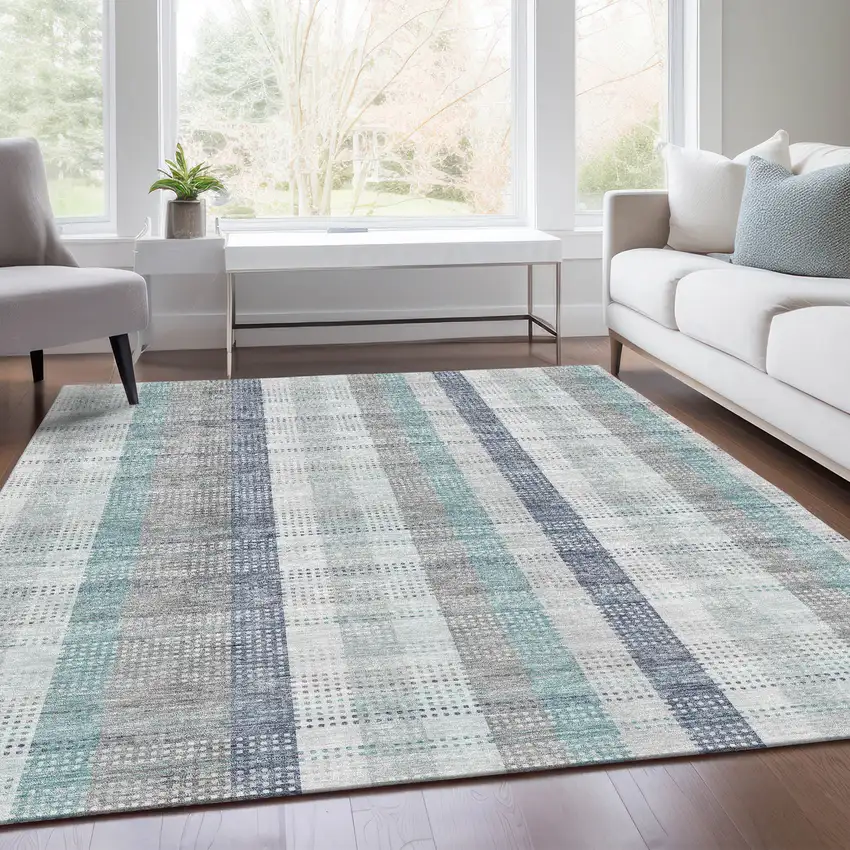 Silver Gray And Teal Plaid Washable Area Rug With UV Protection Photo 5