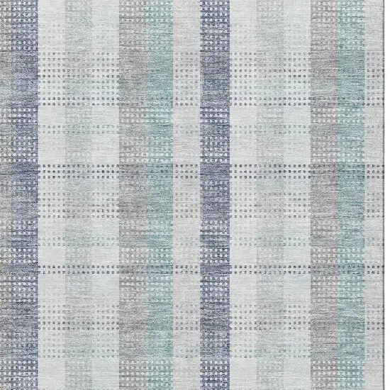 Silver Gray And Teal Plaid Washable Area Rug With UV Protection Photo 2