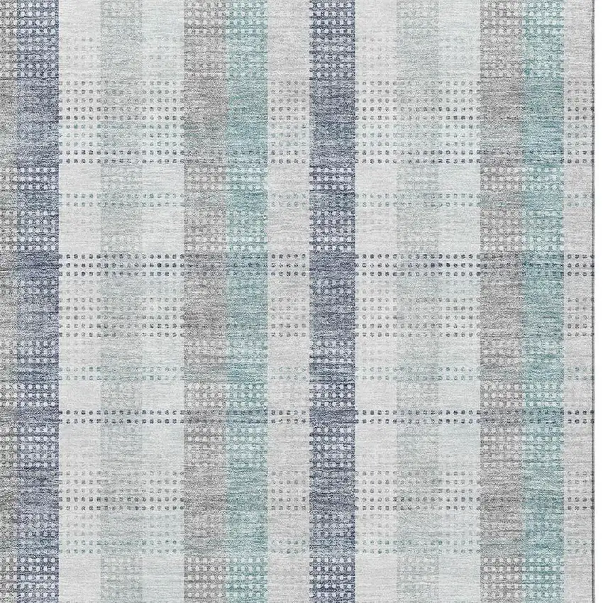 Silver Gray And Teal Plaid Washable Area Rug With UV Protection Photo 2