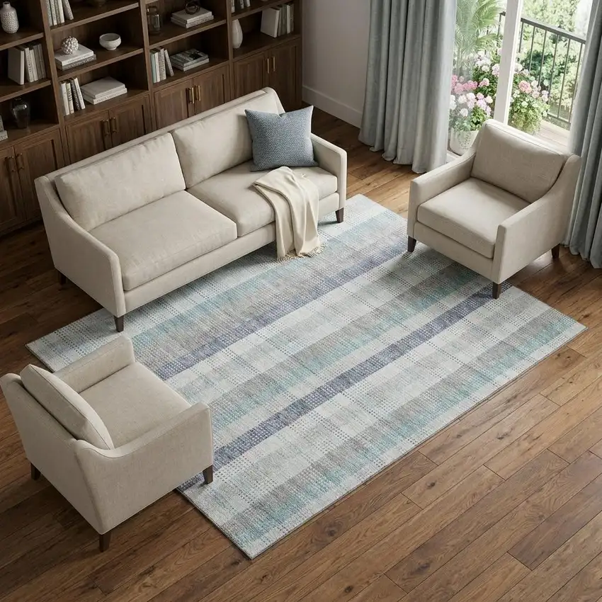 Silver Gray And Teal Plaid Washable Area Rug With UV Protection Photo 1
