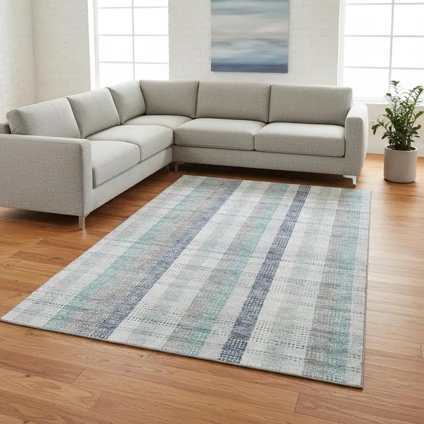 Silver Gray And Teal Plaid Washable Area Rug With UV Protection Photo 2