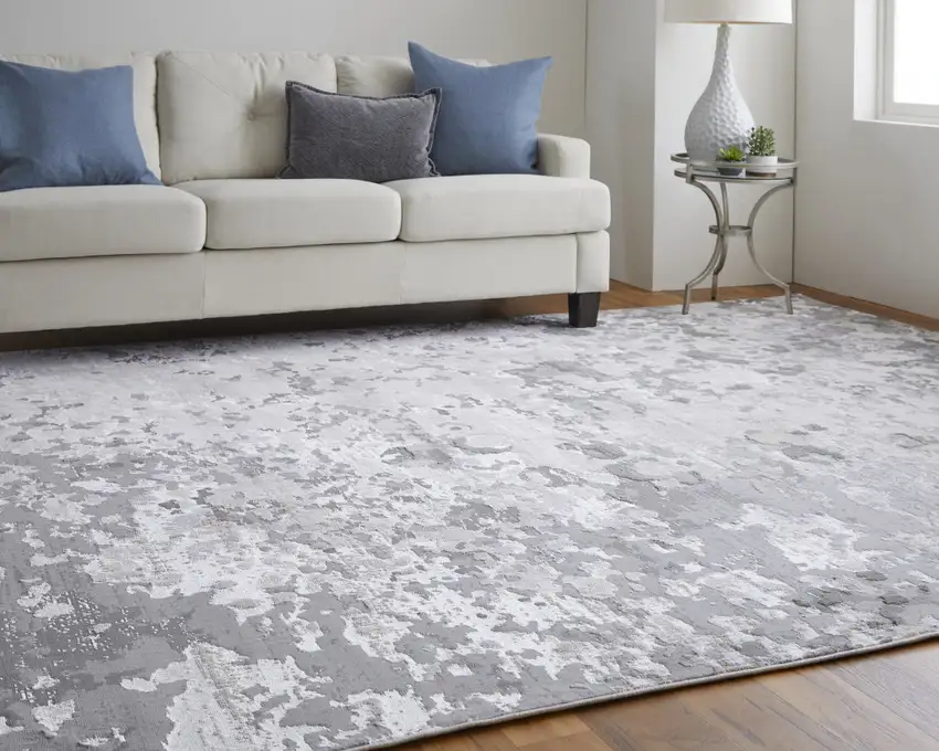 Silver Gray And White Abstract Stain Resistant Area Rug Photo 9