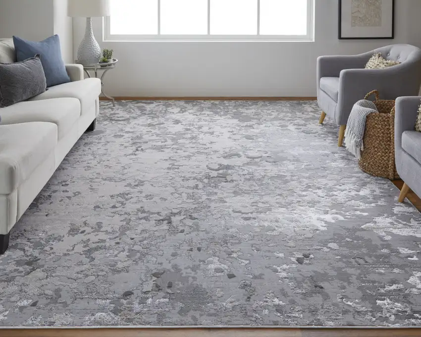 Silver Gray And White Abstract Stain Resistant Area Rug Photo 7