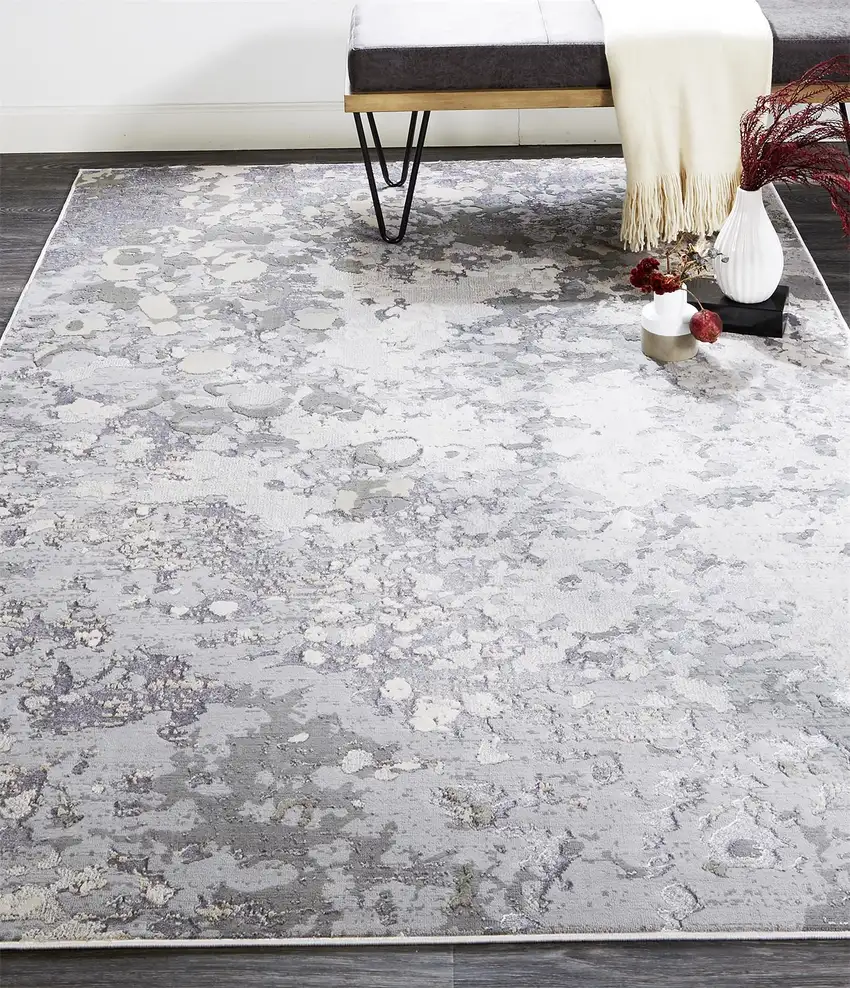 Silver Gray And White Abstract Stain Resistant Area Rug Photo 6