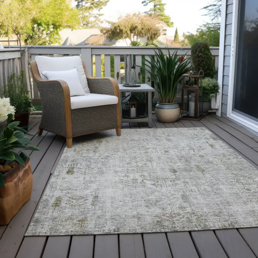 Silver Green And Gray Floral Washable Indoor Outdoor Area Rug Photo 9