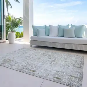 Photo of Silver Green And Gray Floral Washable Indoor Outdoor Area Rug